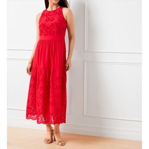 Talbots Halter Maxi Dress Voile Netting Red Eyelet Embroidered Sleeveless Size 8